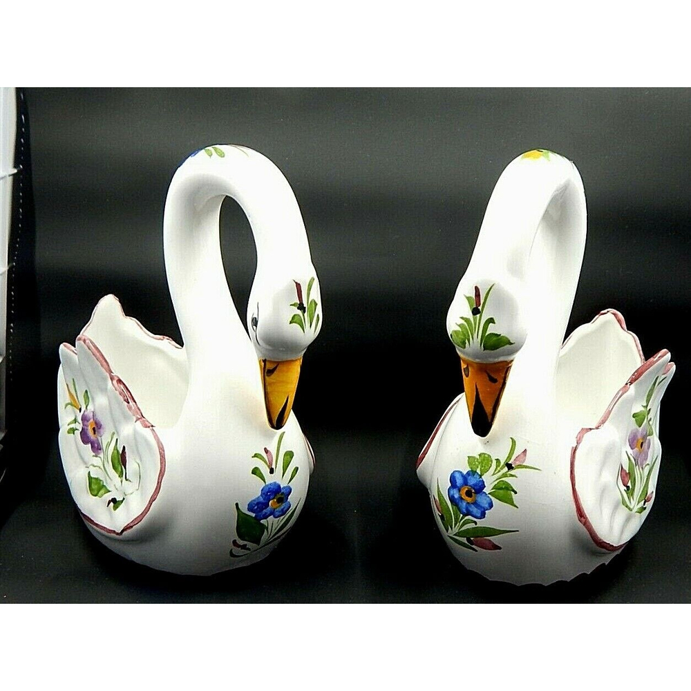 Ceramic Swan Planter Vase White Floral Pink Trim Set of 2 Hand Painted Portugal